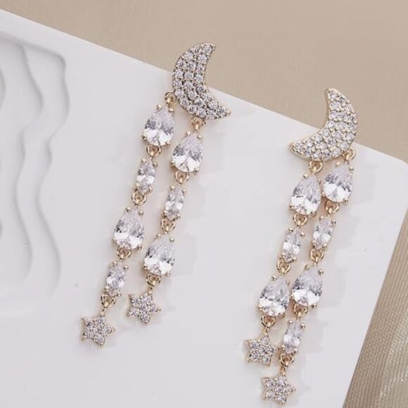 Neiman Marcus Rhinestone 18k Gold Plated Moon Star Teardrop Dangle Earrings - Picture 4 of 4